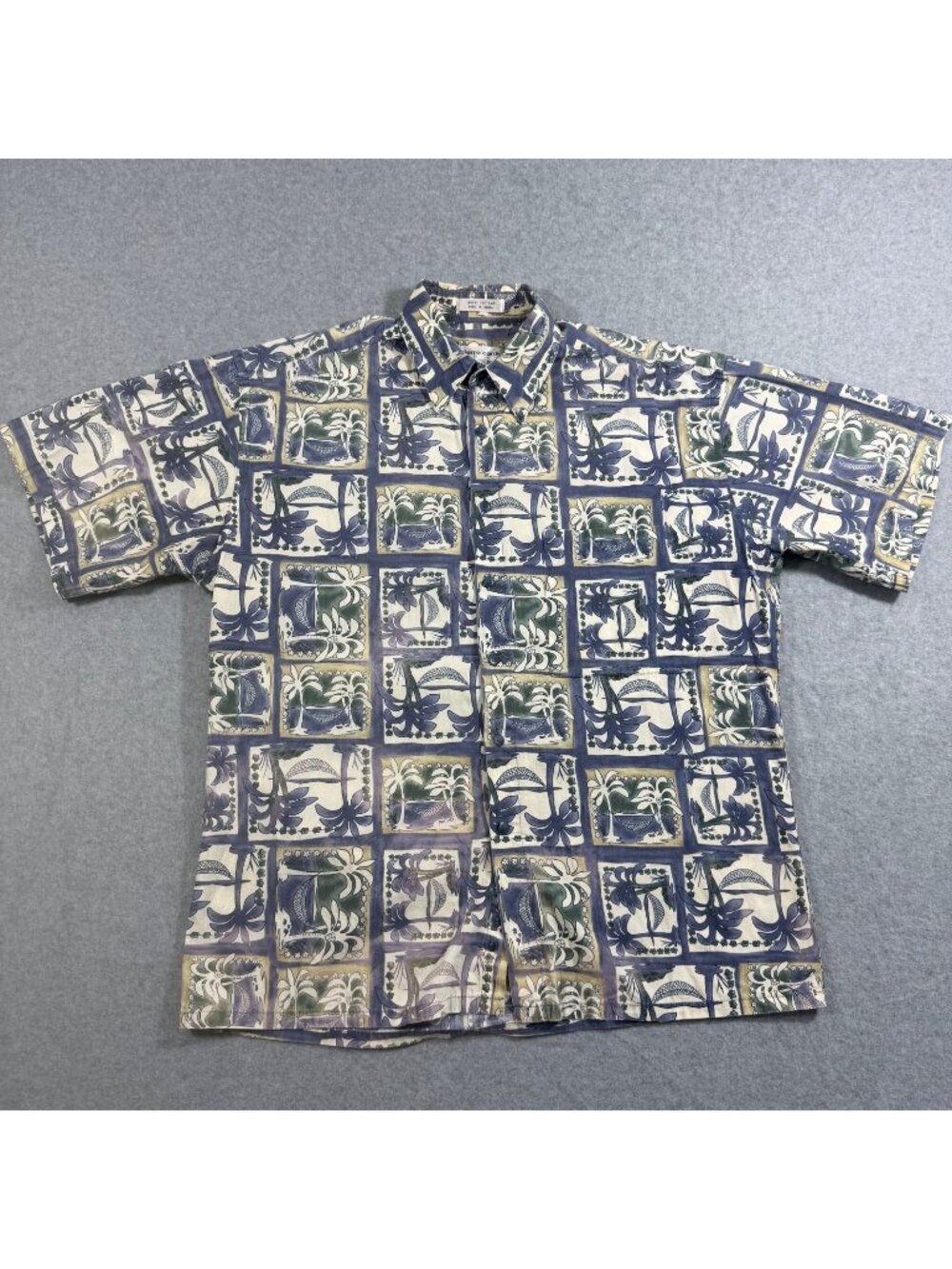 Pierre Cardin Men's Medium Blue Green Tropical Print Hawaiian Shirt Cotton